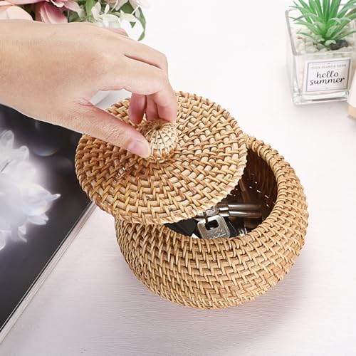 Hipiwe Round Rattan Basket Box with Lid Wicker Storage Baskets Bin, X-Small - Image 7