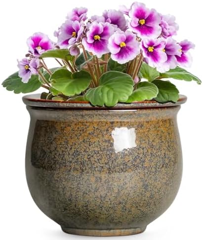 Self Watering Planters for Indoor Plants, 6 Inch Ceramic African Violet Pots with Absorbent Inner Pot, Ceramic Plant Pot, Round Flower Pots, Bathroom Decor, Housewarming Gifts, Yellowish Brown by Teagas
