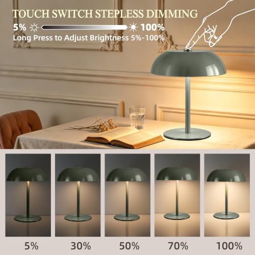 2 Pack Portable LED Mushroom Table Lamp, 12H Cordless Metal Night Light with Rechargeable Battery, Stepless Dimmable 3 Colors Desk Lamp for Bedroom Bar Coffee Shop(Green) - Image 3