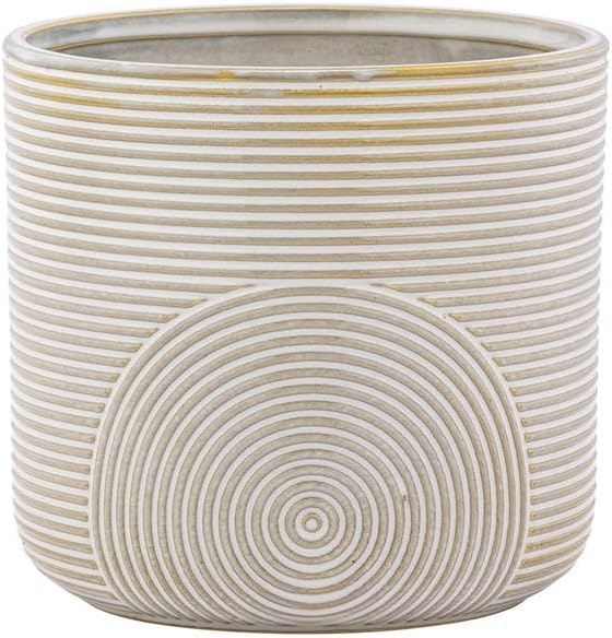 Napco Imports Contrasting Ribbed Line and Circle Design 5.5 Inch Ivory Tan Ceramic Indoor Planter Pot for Small Plants and Succulents by Napco