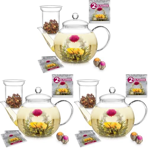 Teabloom Stovetop & Microwave Safe Glass Teapot with Removable Loose Tea Glass Infuser – Includes 2 Blooming Teas – 2-in-1 Tea Kettle and Tea Maker – Tea Purist's Choice (Pack of 3) by Teabloom