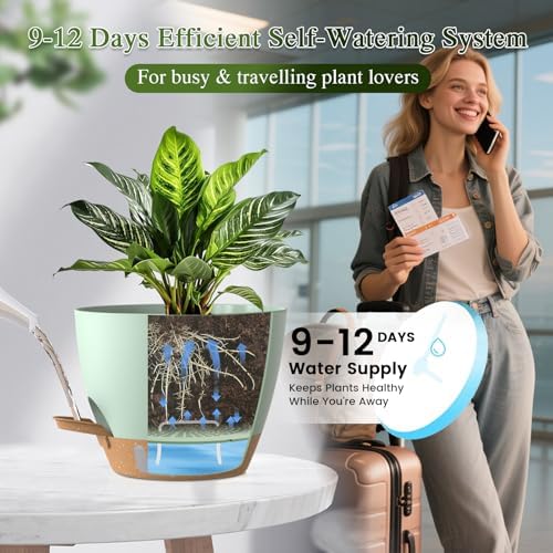 Plant Pots, 1 Pack 12 Inch Self Watering Pots with Drainage Holes, Water Level Indicator Deep Reservoir, Large Planters for Indoor Outdoor Plants - Green Brown - Image 4