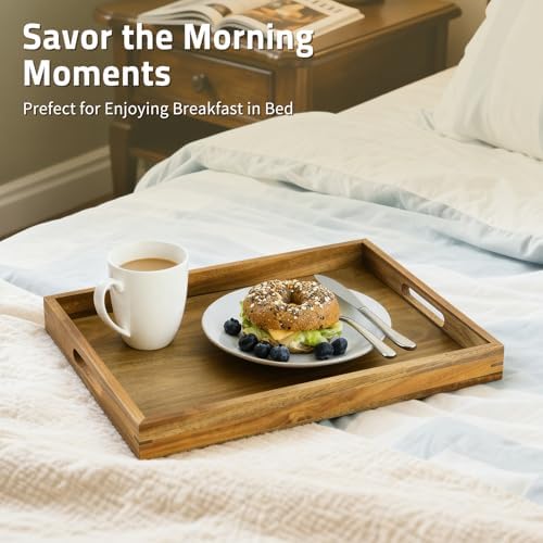 17 inch Acacia Wood Serving Tray with Handles, Decorative Display Tray for Coffee Table, Breakfast in Bed, Food Dinner - Image 3