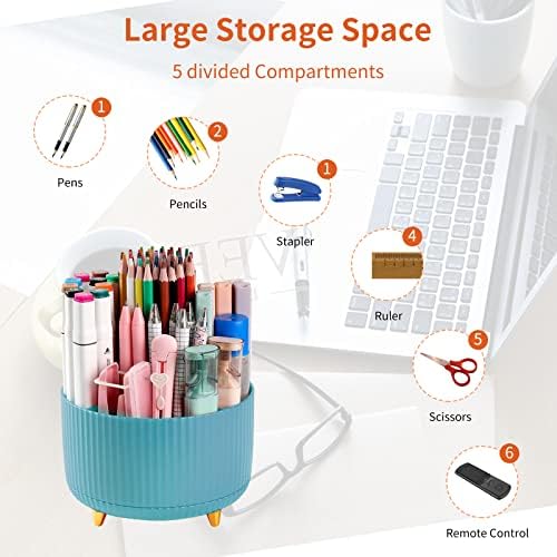 Desk Pencil Pen Holder, 5 Slots 360°Degree Rotating Organizers for, Desktop Storage Stationery Supplies Organizer, Cute Cup Pot Office, School, Home, Art Supply, Blue - Image 3
