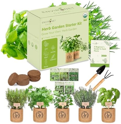 Herb Indoor Garden Kit- Unique Chrismas Herb Gardening Gift, Home Kitchen Gift for Mom, Friends, and Gardeners (Basil, Parsley, Mint, Thyme, Rosemary) by Environet