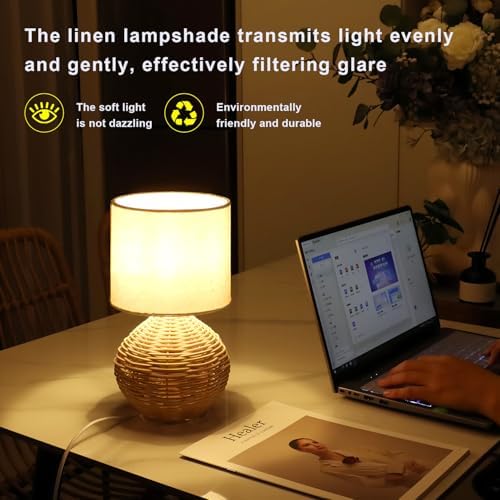 Rattan Table Lamp, Boho Farmhouse Style, Cotton Linen Lamp Shade, 6.2×6.2×11.8 Inch Small Table Lamp, with E12 LED Warm Light Bulb - Image 2