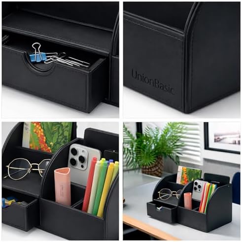 UnionBasic Desk Organizer - Multifunctional Leather Desktop Pen Holder Storage Box - Business Card/Pen/Pencil/Mobile Phone/Stationery Holder, Black - Image 3