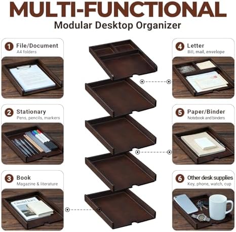 5-Tier Solid Wood Desk File Organizer, Paper Letter Tray Home and Office - Image 4