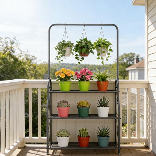 SORCEDAS Plant Stand Outdoor Indoor 3 Tier Metal with Hanging - Image 2