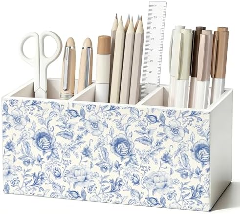 Blue Floral Pen Pencil Holder for Desk Decor by Unknown