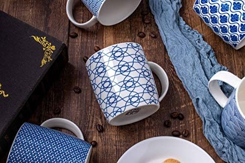 Set of 6 11.5 oz Coffee Mugs with Blue and White Geometric Patterns, Ceramic Tea Cup Set - Image 3
