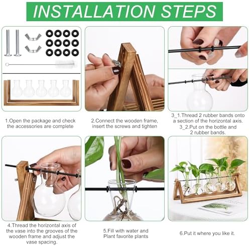 YIBOT Plant Propagation Stations with Wooden Stand & 5 Glass Bulb Vases - Image 5