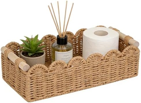 Upgraded Paper Rope Scalloped Edge Toilet Paper Storage Basket, Small Living Room, Bedroom Decor Baskets for Over Toilet Storage Shelf, End Table, Shelves and More, with 2 Wooden Handle (Neutral) by Unknown