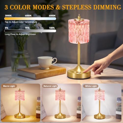 Cordless Table Lamp, 5200mAh Rechargeable Pink Glass Touch Lamp - Image 2