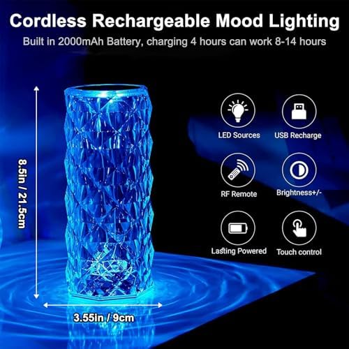 2Pack Crystal Table Lamp (Touch & Remote), 4 Modes 16 Color Changing Night Light, Rechargeable, Dimmable, RGB Rose Diamond Mood Lighting, Protable Cordless Desk Lamp for Bedroom Living Room Party - Image 4