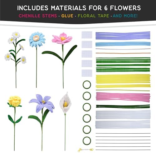 WeVeel Cozy Craftworks Six Flower Chenille Stem Craft Kit Bundle for Teens & Adults – Mindful DIY Flower Craft, Tactile Pipe Cleaner Art Kit with QR Video Tutorials - Image 2