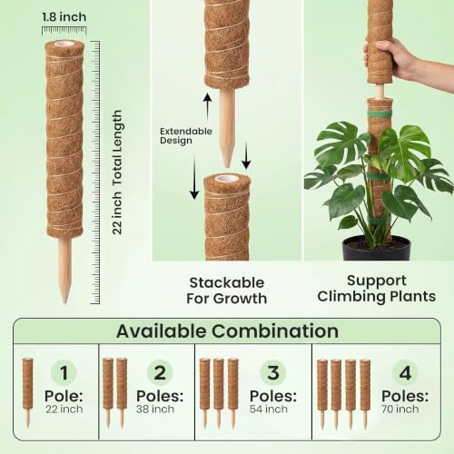 4 Pack 22" Moss Pole Monstera Plant Support - Stackable up to 70" - Image 3