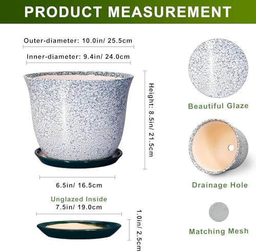 Ceramic Planter - 10 Inch Plant Pot for Indoor Outdoor, Round Planter with Drainage Hole and Plant Tray, Large Decorative Planters, Modern Flower Pot, Home Room Decor, Gardening Gift, Green - Image 2