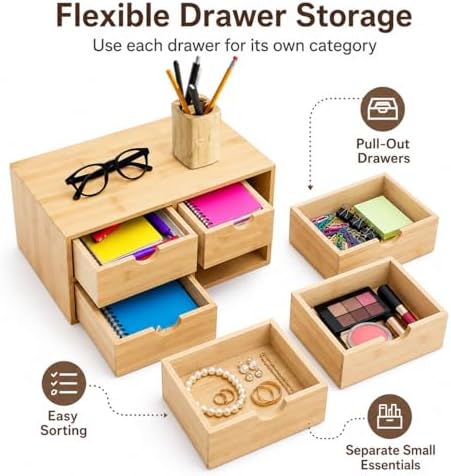 Bamboo Desk Organizer with Drawers, 4-Drawer Wooden Desk Organizer - Image 5