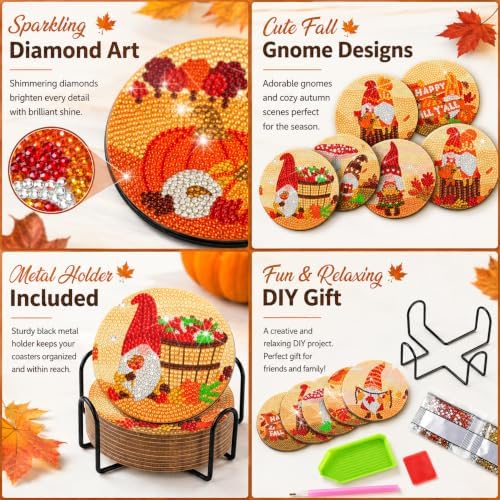 Demonwer 8 Pieces Fall Gnome Diamond Coasters with Holder DIY Cute Fall Gnome Diamond Art Coasters 5d Autumn Gnome Diamond Coasters for Beginners Adults for Fall Thanksgiving Day Gift - Image 5