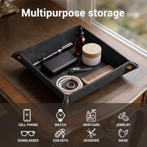 CoBak Leather Valet Tray, PU Leather Catch-All Tray for Entryway,Black - Image 5