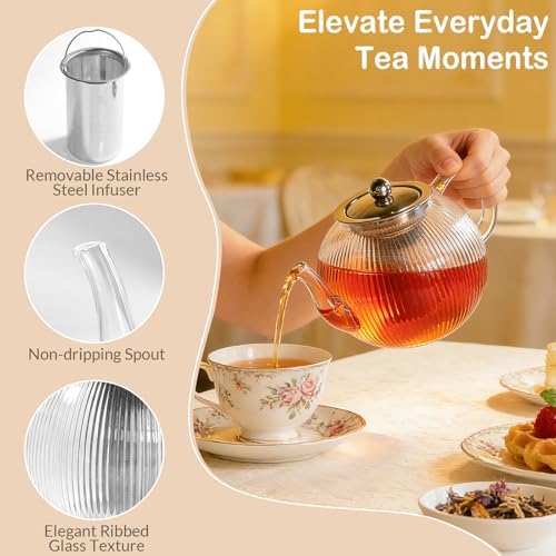50OZ/1500ml Ribbed Borosilicate Glass Teapot with Removable Stainless Steel Infuser & Lid, Stovetop Safe Vertical Striped Clear Tea Kettle for Loose Leaf & Blooming Tea - Image 2