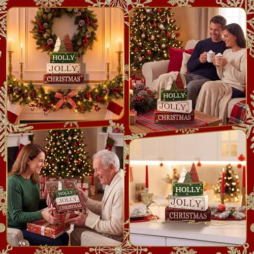 Moucuny 4 Pcs Christmas Centerpiece Wood Block Signs Holly Trees - Image 5