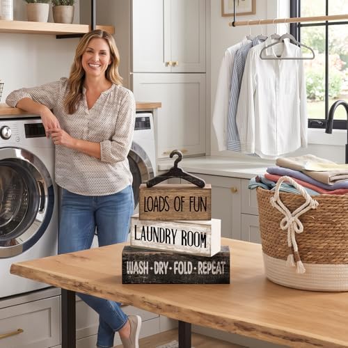 Moucuny 4 Pcs Laundry Room Decor Wooden Signs Rustic Farmhouse Block - Image 4