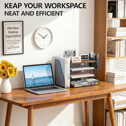 OPNICE Desk Organizers and Accessories, 4-Tier Desktop File Organizer with Drawer and Pen Holders, Office Desk Accessories Workspace Organizers for Office Supplies (Brown) - Image 5