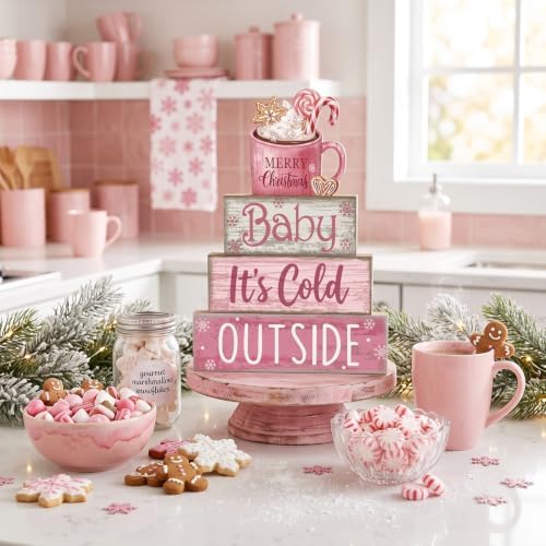 Moucuny 4 Pcs Pink Christmas Table Decor Wooden Hot Chocolate Cocoa Decor - Image 4