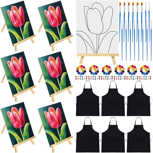 Motipuns 6 Set Pre Drawn Canvas for Painting for Adults Sip and Paint Kit with Easels 8 x 10 Inches Paint Party Kit with Printed Canvas Paints Brushes Palette Apron(Tulip) by Motipuns