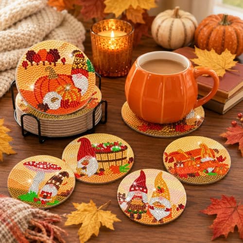 Demonwer 8 Pieces Fall Gnome Diamond Coasters with Holder DIY Cute Fall Gnome Diamond Art Coasters 5d Autumn Gnome Diamond Coasters for Beginners Adults for Fall Thanksgiving Day Gift - Image 6