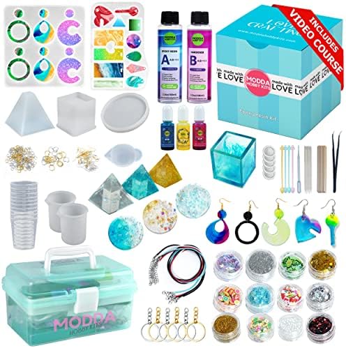 MODDA Epoxy Resin Kit with Video Course, Includes Color Pigment, Silicone molds, Necklace Cord, Earring Hooks for Jewelry Making, Epoxy Resin Starter Kit for Beginners, Adults,Complete Craft Set by MODDAHOBBYKITS