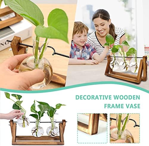 Kingbuy Desktop Glass Planter Iron and Wooden Stand Plant Terrariums for Indoor Office Desk Decor Accessories, 3 Bulb Vases, Brown - Image 3