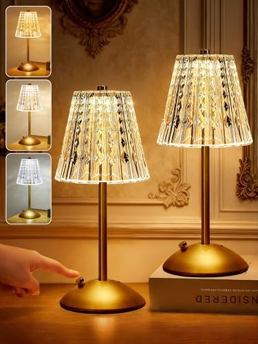 Upgraded Nightstand Lamps Set of 2, 3 Colors Dimmable Crystal Table Lamp Gold Lamp, Touch Lamp Bedroom Lamps, Rechargeable Small Lamp, Bedside Lamps Set of 2 for Bedroom Living Room Bathroom Hotel Bar by OneFire