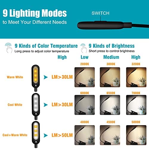 VAVOFO Rechargeable Reading Light, 7 LEDs with 9 Color Temperature 9 Brightness Levels Clip On Book Light for Reading in Bed with Power Indicator for Bookworms (Black) - Image 3