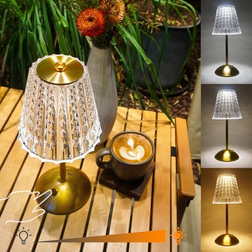 Cordless Table Lamp, 4000mAh Rechargeable Battery Operated Lamp, 3 Color Modes & Stepless Dimmable LED Touch Lamp, Portable Crystal Metal Beside Lamps for Bedroom Restaurant Outdoor(Gold) by Amingulry