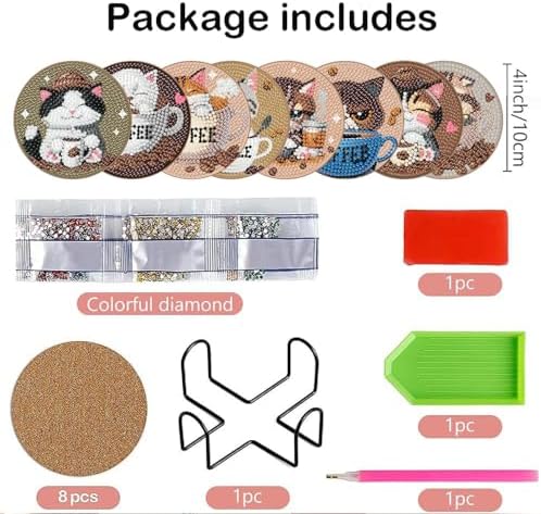 Clendo 8 PCS Diamond Art Coasters - Cat Coffee Diamond Painting Coasters Kits with Holder Cork Pads DIY for Beginners, Adults, Diamonds Art Crafts Supplies - Image 3