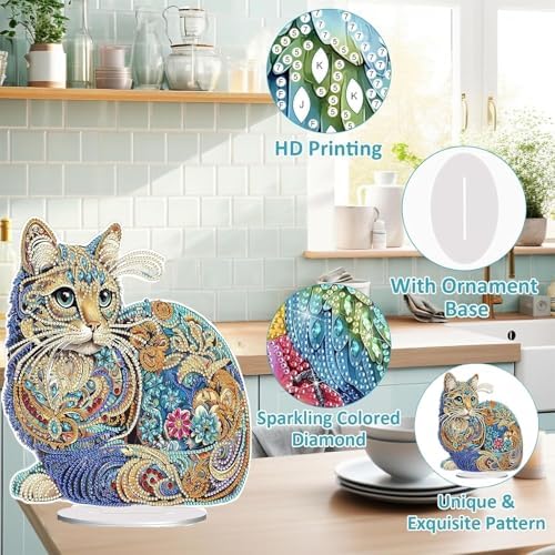 Diamond Painting Kits for Adults Beginners, 5D Full Drill Cat Crystal Art Desktop Ornament, DIY Single Sided Home Office Desk Decor, Creative Craft Gift Set with Tools - Image 5