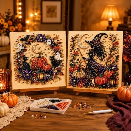 LAPUOTSP Halloween Ghost Pearl Art DIY Kit，Vintage Bead Embroidery Style Witch & Black Cat Ghost Pumpkin Rhinestone Canvas Art, DIY Gem Art Wall Hanging Decor, Unique Holiday Handcraft Gift - Image 6