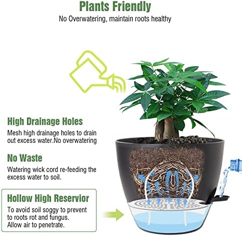UOUZ 12 inch Large Self Watering Pots, Plastic Planters with 60oZ Removable Deep Reservoir and Multi Mesh Drainage Holes for Indoor Outdoor Garden Plants and Flowers, Black - Image 3