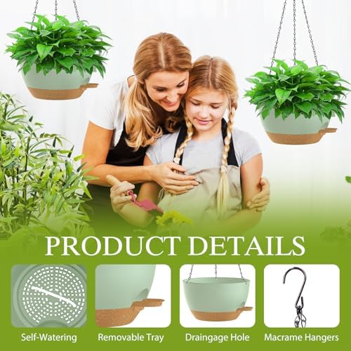 12 Inch Hanging Baskets 2 PC with Chains, Self-Watering Hanging Planters for Indoor Outdoor Plants, Plastic Hanging Flower Pots,Green Brown - Image 3