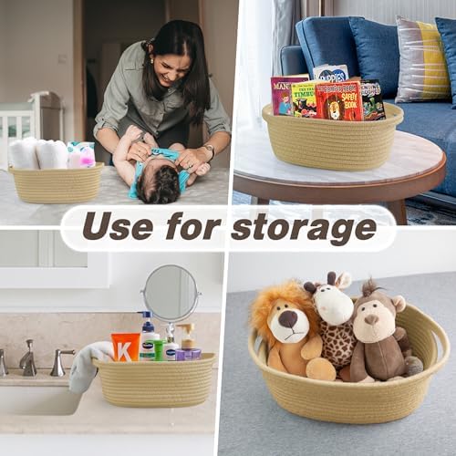 Pro Goleem Small Woven Basket with Gift Bags and Ribbons Durable Baskets for Gifts Empty Small Rope Basket for Storage 12"X 8" X 5" Baby Toy Basket with Handles, Khaki - Image 5