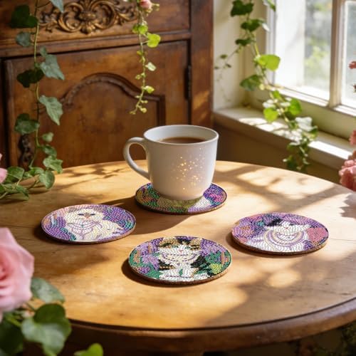 Leatrice Small Diamond Art Coasters Set Diamond Painting Kits for Adults Cat Diamond Dots Coasters Beginners Women Gem Art Coasters with Holder Funny Crafts Supplies for DIY Home Decor - Image 5