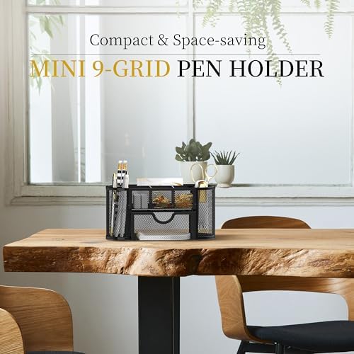 Mesh Desk Organizer with Drawer, 9-Compartment Pen Holder for Desk, Black - Image 2