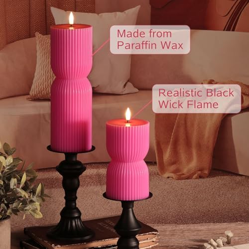 Hot Pink Ribbed Flameless Pillar Candles with Remote Set of 2 - Image 5