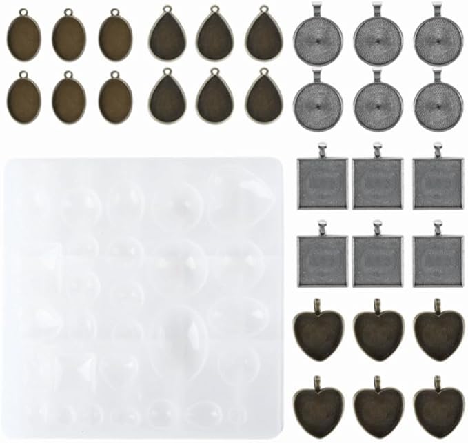 Silicone Mold Alloy Round Oval Heart Shapes Pendant Base Tray for Resin Casting DIY Jewelry Making Kit