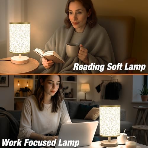 Desk Lamp LED Bulb Included, Small Bedside Table Lamp Plug-in - Classic Wood Base with Flaxen Fabric Shade, Lamps for Night Stands, Simple Nightstand Light for Bedroom, Office, Desk - Image 5