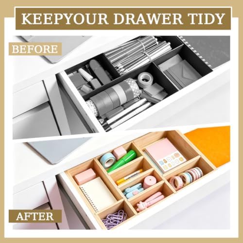 NBEADS 2Pcs Bamboo Desk Drawer Organizer, Bamboo Wood Organizer Tray with 8 Adjustable Dividers Office Desk Organizer Tray Divider Drawer for Office Supplies Makeup Jewelry Vanity, 9.02x12.09x2.01inch - Image 3
