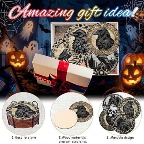 LWZAYS 8 Pcs Halloween Diamond Art Coasters Kit - DIY 5D Horror Crow Diamond Painting Coasters with Holder, Mini Small Diamonds Arts Kits for Adults Coaster, Gem Art Arts and Crafts for Adults - Image 6